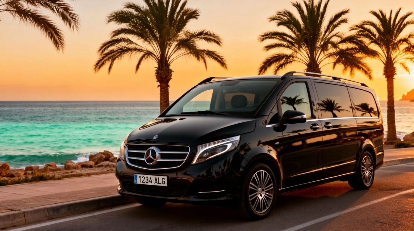 Mercedes V-Class transfer van on the Alicante coastline at sunset